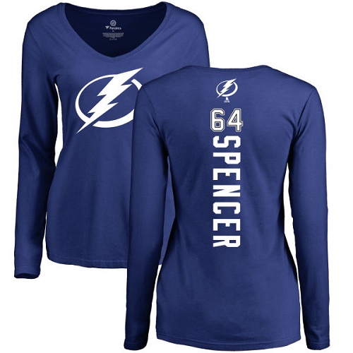 NHL Women's Adidas Tampa Bay Lightning #64 Matthew Spencer Royal Blue Backer V-Neck Long-Sleeve T-Shirt