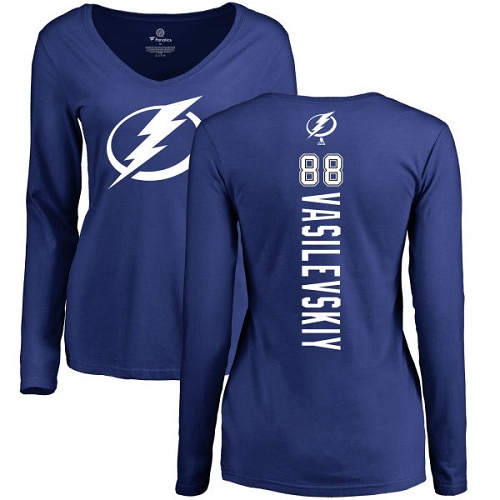 NHL Women's Adidas Tampa Bay Lightning #88 Andrei Vasilevskiy Royal Blue Backer V-Neck Long-Sleeve T-Shirt