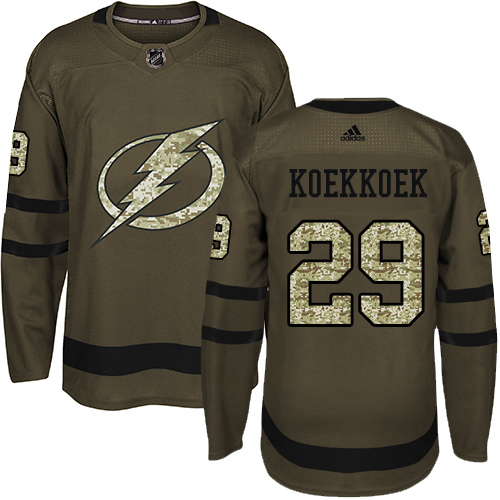 Men's Adidas Tampa Bay Lightning #29 Slater Koekkoek Authentic Green Salute to Service NHL Jersey