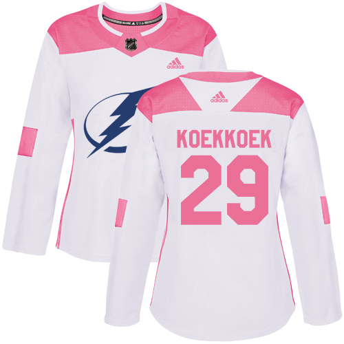 Women's Adidas Tampa Bay Lightning #29 Slater Koekkoek Authentic White/Pink Fashion NHL Jersey