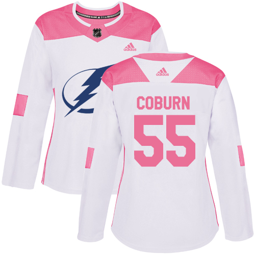 Women's Adidas Tampa Bay Lightning #55 Braydon Coburn Authentic White/Pink Fashion NHL Jersey
