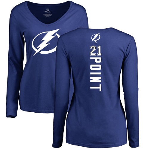 NHL Women's Adidas Tampa Bay Lightning #21 Brayden Point Royal Blue Backer V-Neck Long-Sleeve T-Shirt