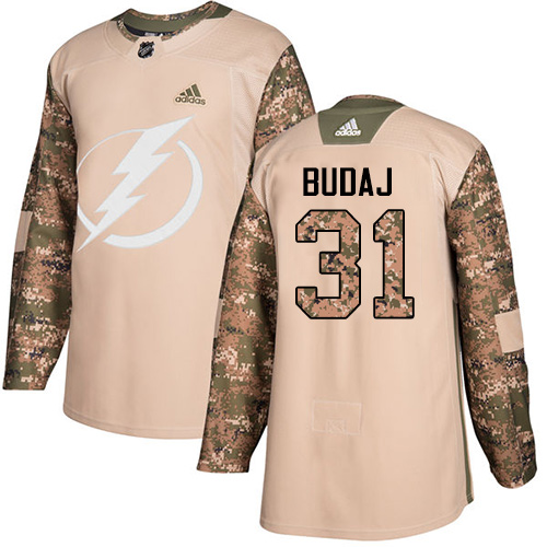 Men's Adidas Tampa Bay Lightning #31 Peter Budaj Authentic Camo Veterans Day Practice NHL Jersey
