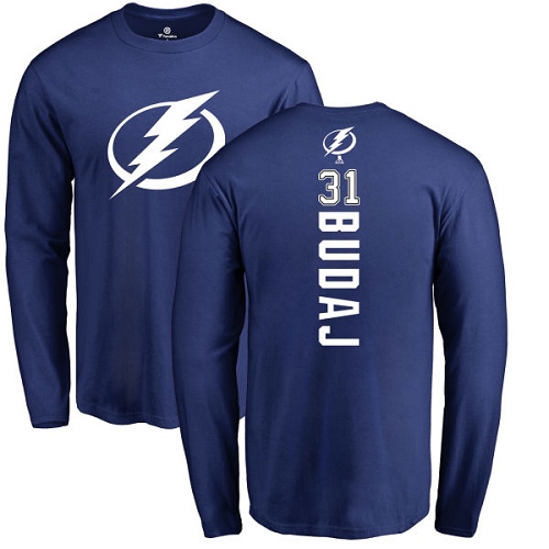 NHL Adidas Tampa Bay Lightning #31 Peter Budaj Royal Blue Backer Long Sleeve T-Shirt
