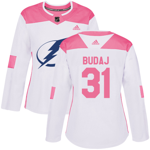 Women's Adidas Tampa Bay Lightning #31 Peter Budaj Authentic White/Pink Fashion NHL Jersey