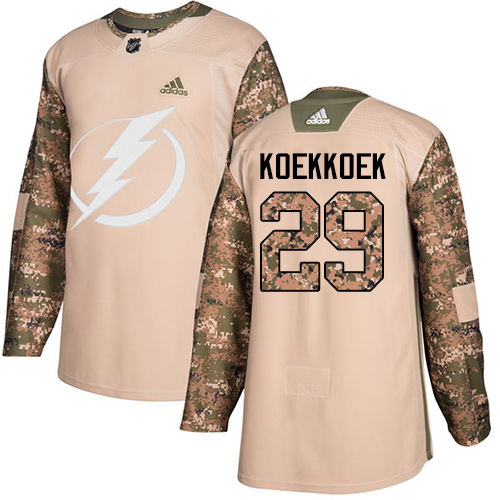 Men's Adidas Tampa Bay Lightning #29 Slater Koekkoek Authentic Camo Veterans Day Practice NHL Jersey