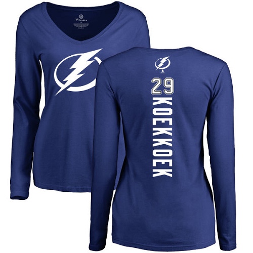 NHL Women's Adidas Tampa Bay Lightning #29 Slater Koekkoek Royal Blue Backer V-Neck Long-Sleeve T-Shirt