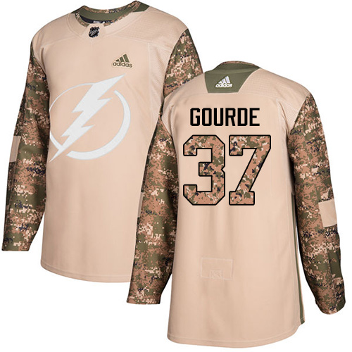Men's Adidas Tampa Bay Lightning #37 Yanni Gourde Authentic Camo Veterans Day Practice NHL Jersey