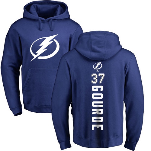 NHL Adidas Tampa Bay Lightning #37 Yanni Gourde Royal Blue Backer Pullover Hoodie