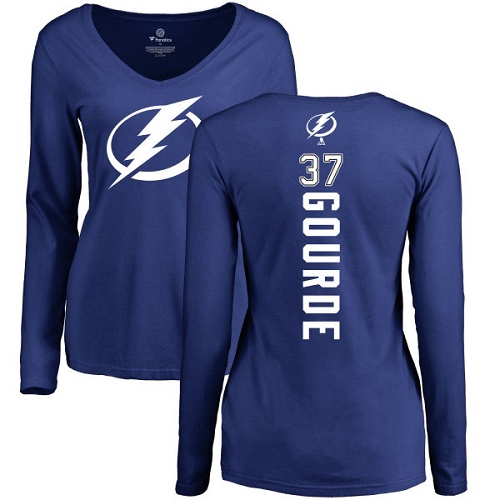 NHL Women's Adidas Tampa Bay Lightning #37 Yanni Gourde Royal Blue Backer V-Neck Long-Sleeve T-Shirt