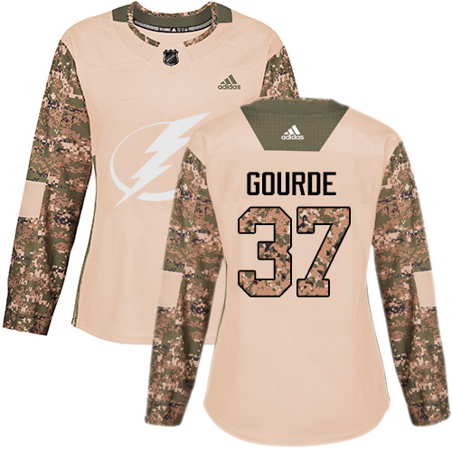 Women's Adidas Tampa Bay Lightning #37 Yanni Gourde Authentic Camo Veterans Day Practice NHL Jersey