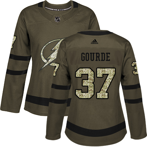 Women's Adidas Tampa Bay Lightning #37 Yanni Gourde Authentic Green Salute to Service NHL Jersey