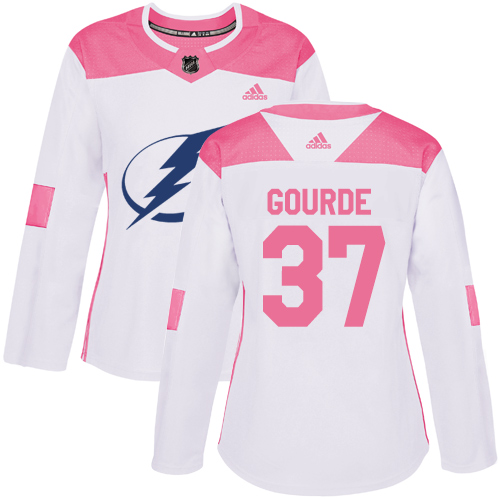 Women's Adidas Tampa Bay Lightning #37 Yanni Gourde Authentic White/Pink Fashion NHL Jersey