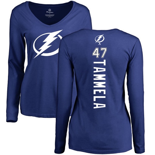 NHL Women's Adidas Tampa Bay Lightning #47 Jonne Tammela Royal Blue Backer V-Neck Long-Sleeve T-Shirt