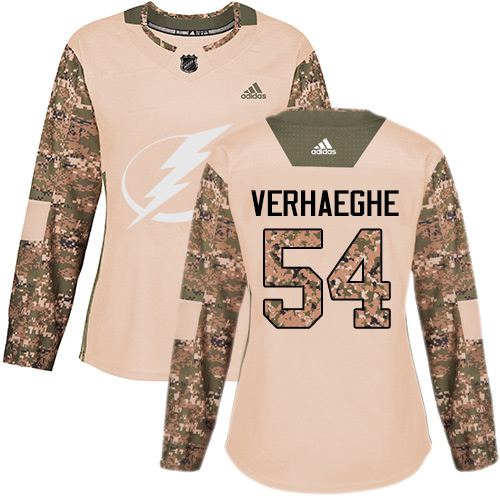 Women's Adidas Tampa Bay Lightning #54 Carter Verhaeghe Authentic Camo Veterans Day Practice NHL Jersey