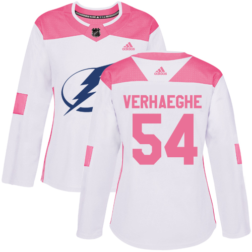 Women's Adidas Tampa Bay Lightning #54 Carter Verhaeghe Authentic White/Pink Fashion NHL Jersey