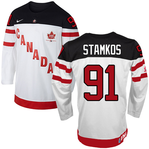 Men's Nike Team Canada #91 Steven Stamkos Premier White 100th Anniversary Olympic Hockey Jersey