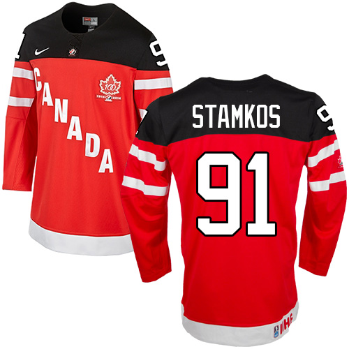 Men's Nike Team Canada #91 Steven Stamkos Premier Red 100th Anniversary Olympic Hockey Jersey