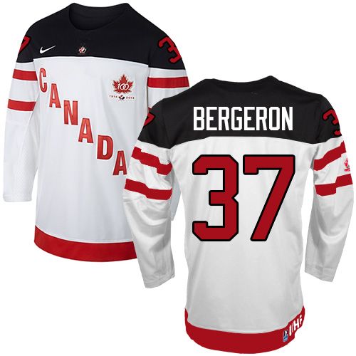 Men's Nike Team Canada #37 Patrice Bergeron Authentic White 100th Anniversary Olympic Hockey Jersey