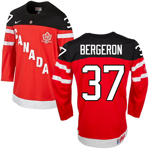 Men's Nike Team Canada #37 Patrice Bergeron Authentic Red 100th Anniversary Olympic Hockey Jersey