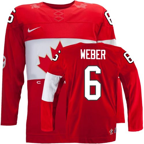 Men's Nike Team Canada #6 Shea Weber Authentic Red Away 2014 Olympic Hockey Jersey
