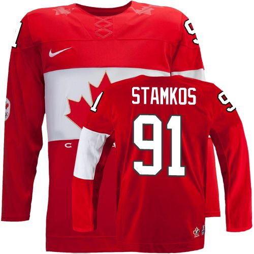 Men's Nike Team Canada #91 Steven Stamkos Authentic Red Away 2014 Olympic Hockey Jersey