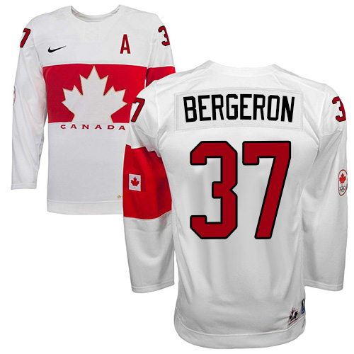 Men's Nike Team Canada #37 Patrice Bergeron Authentic White Home 2014 Olympic Hockey Jersey