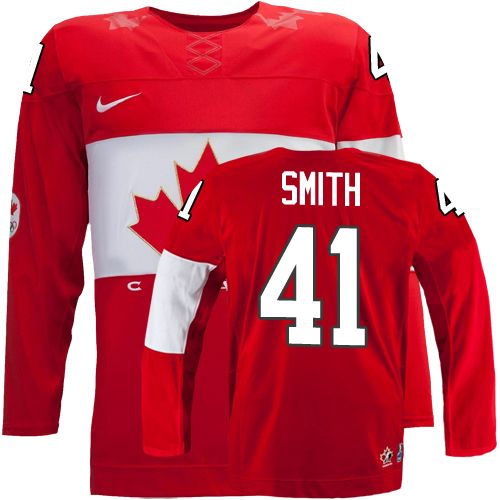 Men's Nike Team Canada #41 Mike Smith Authentic Red Away 2014 Olympic Hockey Jersey