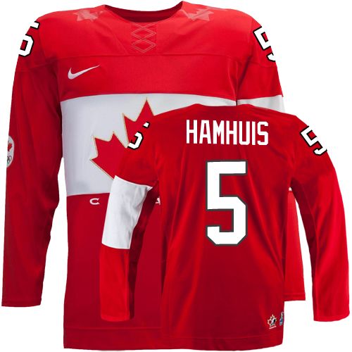 Men's Nike Team Canada #5 Dan Hamhuis Authentic Red Away 2014 Olympic Hockey Jersey