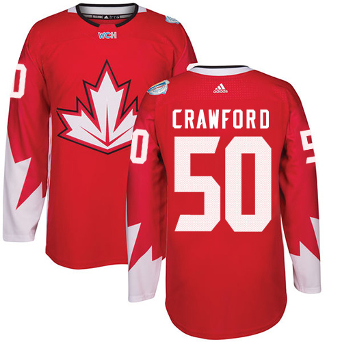 Men's Adidas Team Canada #50 Corey Crawford Authentic Red Away 2016 World Cup Hockey Jersey