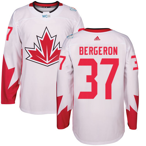 Men's Adidas Team Canada #37 Patrice Bergeron Authentic White Home 2016 World Cup Hockey Jersey