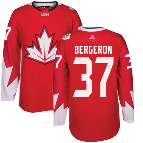 Men's Adidas Team Canada #37 Patrice Bergeron Authentic Red Away 2016 World Cup Hockey Jersey