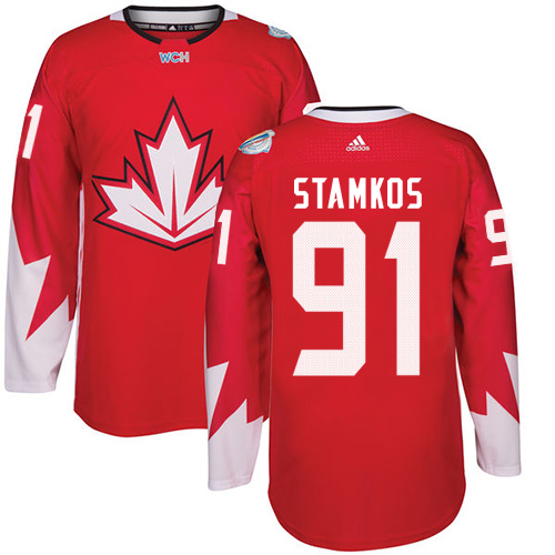 Men's Adidas Team Canada #91 Steven Stamkos Premier Red Away 2016 World Cup Hockey Jersey