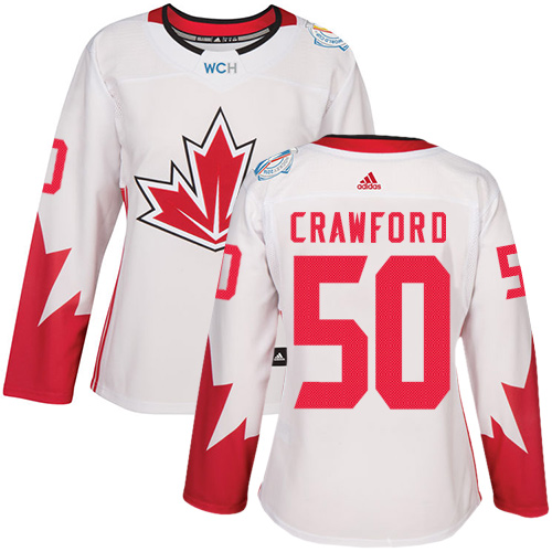 Women's Adidas Team Canada #50 Corey Crawford Authentic White Home 2016 World Cup of Hockey Jersey