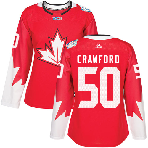 Women's Adidas Team Canada #50 Corey Crawford Authentic Red Away 2016 World Cup of Hockey Jersey