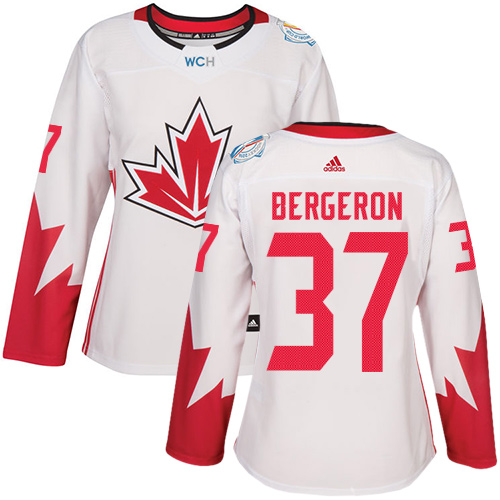 Women's Adidas Team Canada #37 Patrice Bergeron Authentic White Home 2016 World Cup of Hockey Jersey