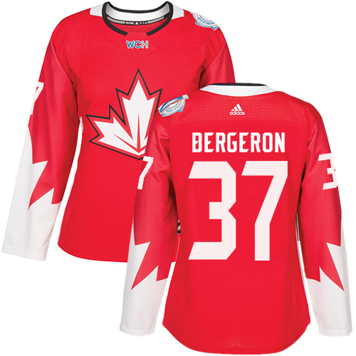 Women's Adidas Team Canada #37 Patrice Bergeron Authentic Red Away 2016 World Cup of Hockey Jersey