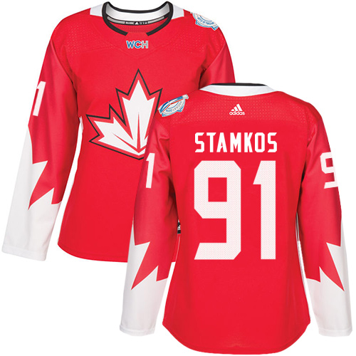 Women's Adidas Team Canada #91 Steven Stamkos Authentic Red Away 2016 World Cup of Hockey Jersey