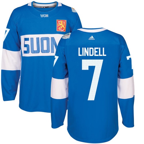 Men's Adidas Team Finland #7 Esa Lindell Premier Blue Away 2016 World Cup of Hockey Jersey