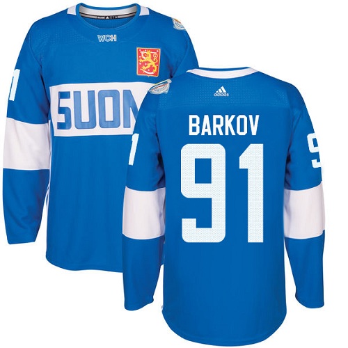 Men's Adidas Team Finland #91 Aleksander Barkov Premier Blue Away 2016 World Cup of Hockey Jersey