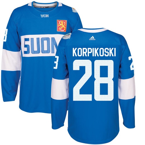 Men's Adidas Team Finland #28 Lauri Korpikoski Authentic Blue Away 2016 World Cup of Hockey Jersey