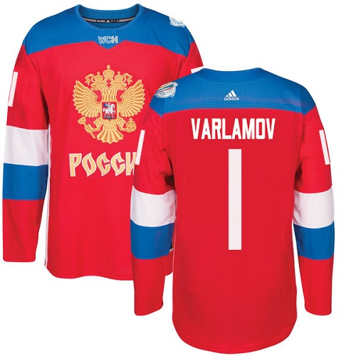 Men's Adidas Team Russia #1 Semyon Varlamov Premier Red Away 2016 World Cup of Hockey Jersey