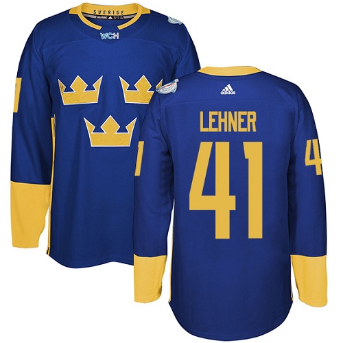 Men's Adidas Team Sweden #41 Robin Lehner Premier Royal Blue Away 2016 World Cup of Hockey Jersey