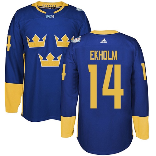 Men's Adidas Team Sweden #14 Mattias Ekholm Premier Royal Blue Away 2016 World Cup of Hockey Jersey