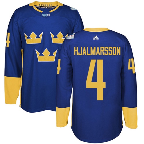 Men's Adidas Team Sweden #4 Niklas Hjalmarsson Premier Royal Blue Away 2016 World Cup of Hockey Jersey
