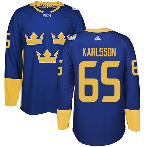Men's Adidas Team Sweden #65 Erik Karlsson Authentic Royal Blue Away 2016 World Cup of Hockey Jersey
