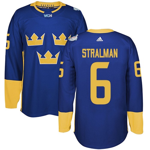 Men's Adidas Team Sweden #6 Anton Stralman Authentic Royal Blue Away 2016 World Cup of Hockey Jersey