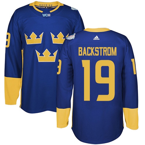 Men's Adidas Team Sweden #19 Nicklas Backstrom Premier Royal Blue Away 2016 World Cup of Hockey Jersey