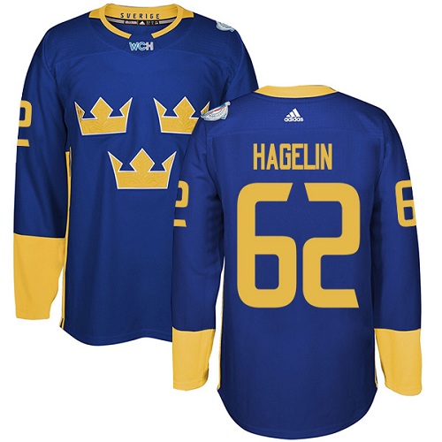 Men's Adidas Team Sweden #62 Carl Hagelin Premier Royal Blue Away 2016 World Cup of Hockey Jersey
