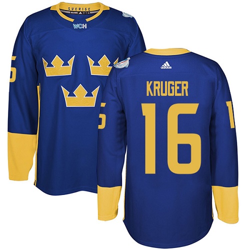 Men's Adidas Team Sweden #16 Marcus Kruger Authentic Royal Blue Away 2016 World Cup of Hockey Jersey